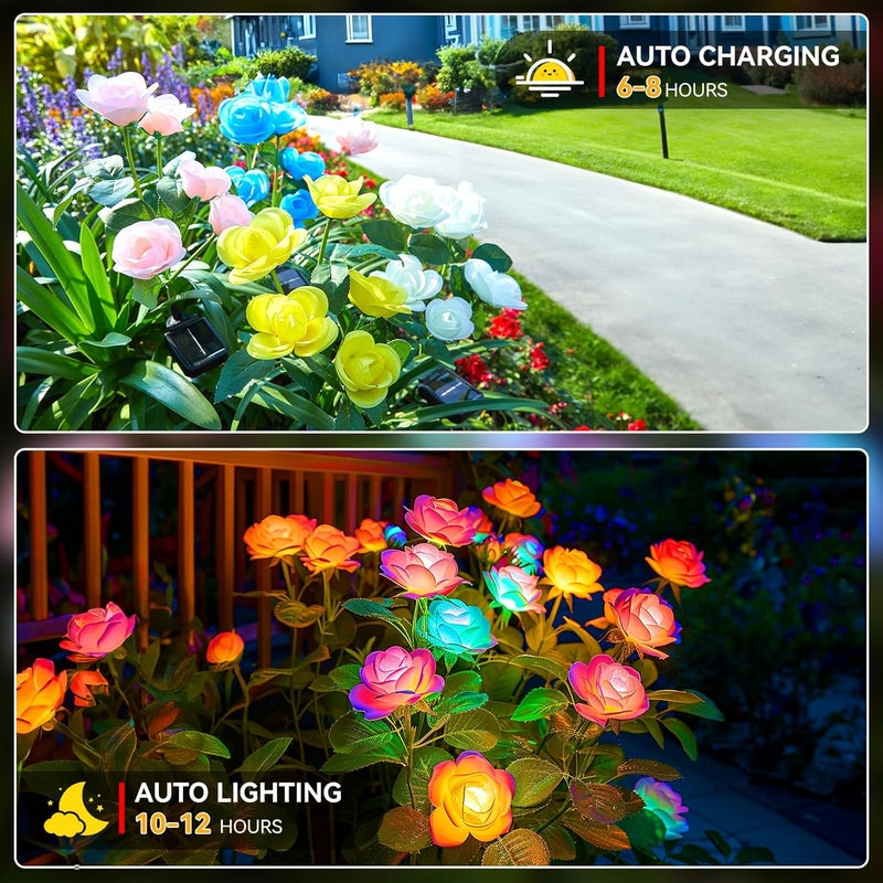 WdtPro Solar Garden Lights Outdoor, 4 Pack Solar Light Outdoor with 20 Rose Flowers, Waterproof 7 Color Changing Solar Powered Flowers Lights for Outside Patio Yard Pathway - Image 2